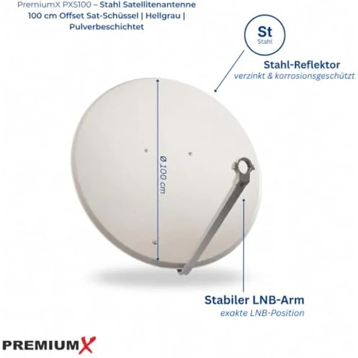 PremiumX PXS100 Satellitenschüssel 100cm, Stahl Hellgrau, korrosionsgeschützt, HD, 4K tauglich – Bild 2