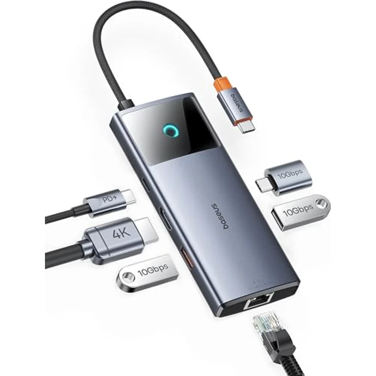 Baseus USB C Hub 10Gbps USB 3.2 Adapter mit LAN Ethernet, 4K@60Hz HDMI, 2 USB-A, USB-C, 100W PD, 6 in 1 Docking Station für iPhone 15, Laptop MacBook/Surface Pro/Dell/iPad/Steam Deck/Rog Ally/Samsung, in Silber – Bild 1