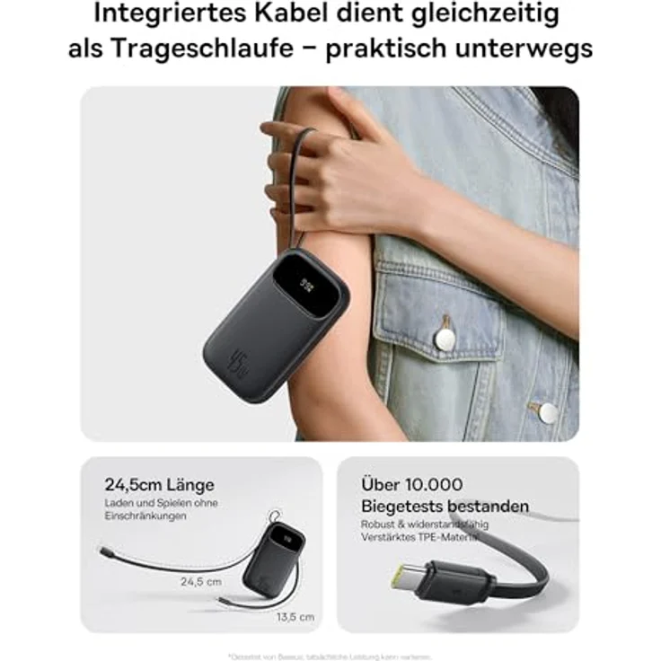 Baseus QPow3 Powerbank 45W 20000mAh mit 2 integrierten USB-C Kabeln, PD3.0 QC4.0, 4 Anschlüsse, LED Display, schwarz – Bild 4