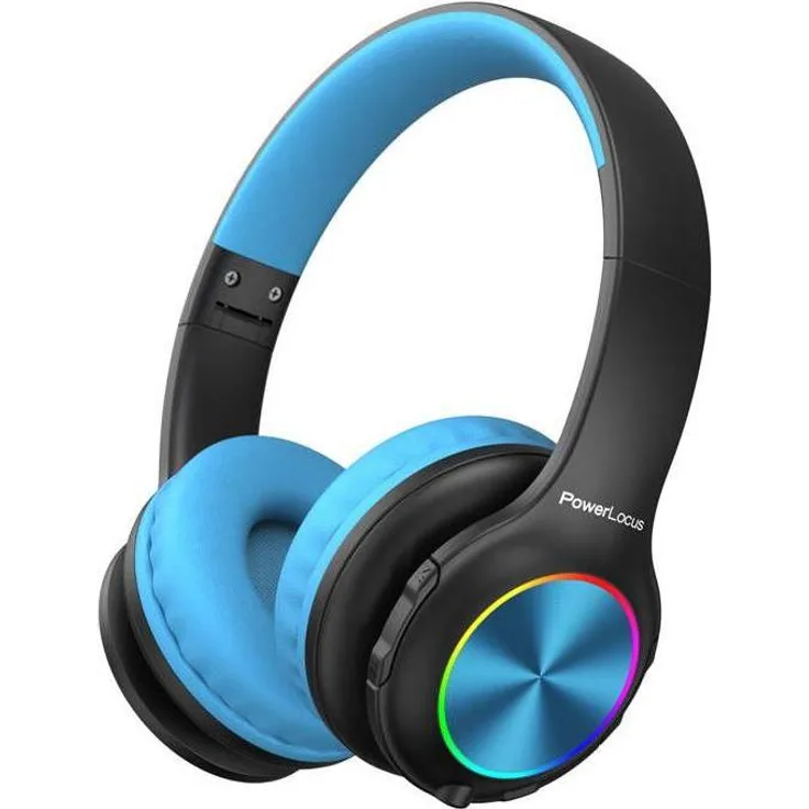 PowerLocus PLED, Kabellose Kinderkopfhörer mit LED-Hintergrundbeleuchtung, Schwarz-Blau, Bluetooth 5.3, 40mm Treiber, 25-30 Stunden Akkulaufzeit