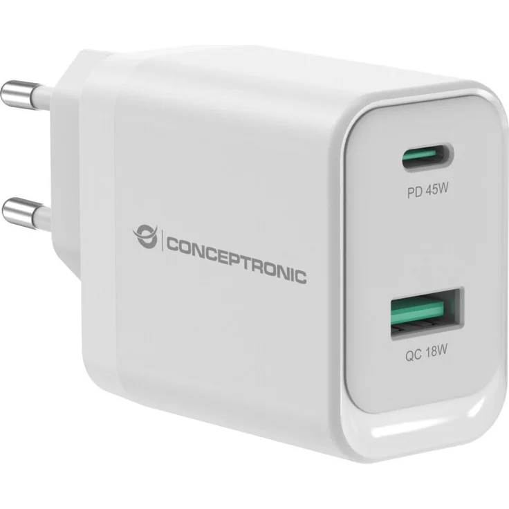 Conceptronic Ladegerät ALTHEA20W45, 2Port 45W mit 1xUSB-C und 1xUSB-A, weiß