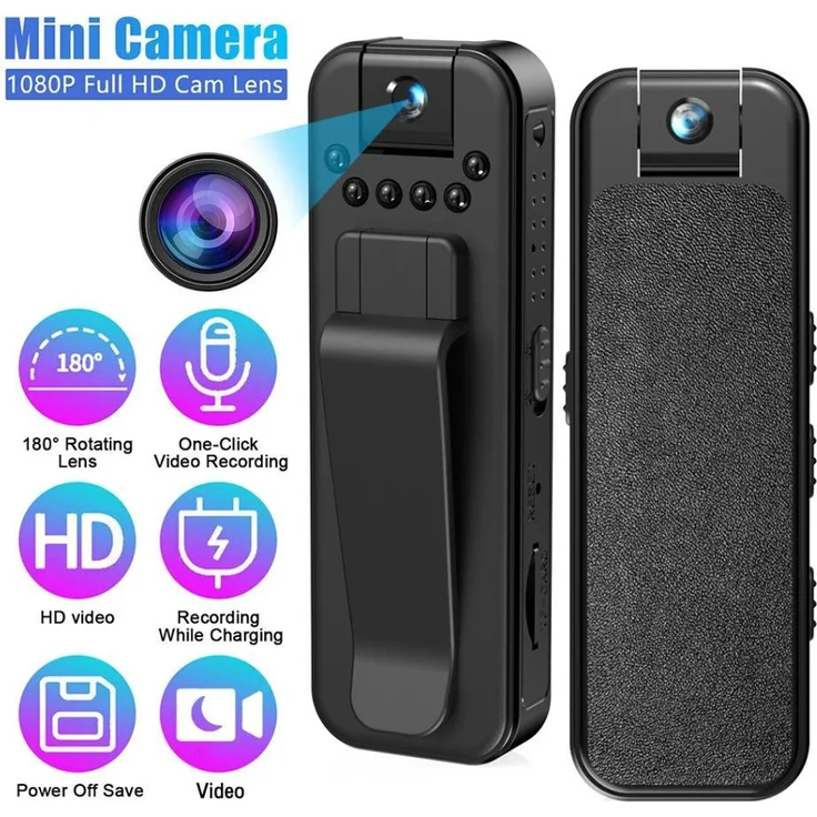 Exlene HD 1080p Mini-Kamera, tragbarer Videorekorder mit Nachtsicht und 180° drehbarer Linse, unterstützt bis zu 128 GB Speicher