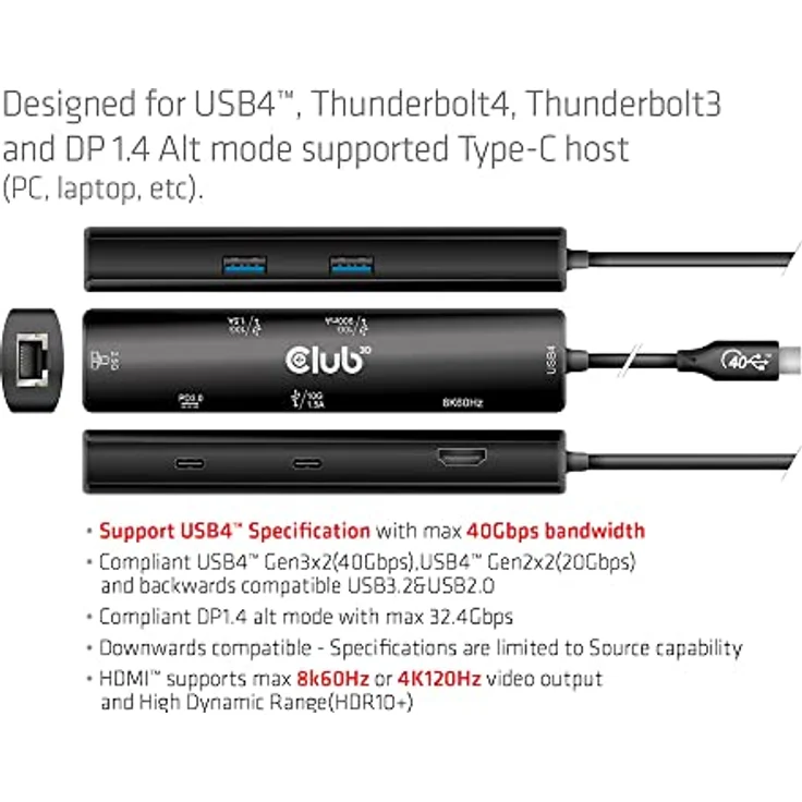 Club 3D CSV-1599 USB4™ Gen3x2 Typ-C, 6-in-1 Hub mit HDMI™ 8K60Hz oder 4K120Hz, 2xUSB Typ-A(10G), Ethernet RJ45(2.5G) und 2xUSB Typ-C, 1x Data(10G) und 1xPD3.0 Laden 100 Watt – Bild 4