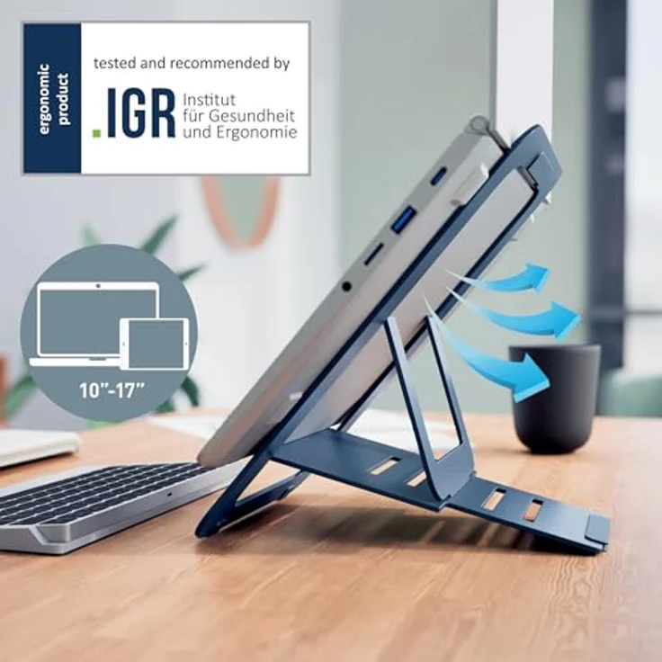 Leitz Aluminium Ultra-Flacher Verstellbarer Laptopständer, für 10"-17" Laptops/Tablets, Ergo-Serie, 63460089, faltbar & extra leicht, 5 Höhen- und Winkelkombinationen, ergonomisch. – Bild 2