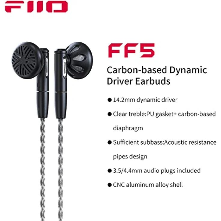 FiiO FF5 Earbuds Ohrhörer, dynamischer Treiber, Acoustic Resistance Pipe Design, Schwarz – Bild 2