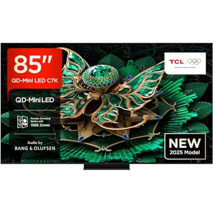 TCL 85C7K, 85 Zoll QD-Mini LED Fernseher, 4K HDR Premium 3000, Smart Google TV mit 144Hz Motion Clarity Pro, Dolby Vision IQ & Atmos, CrystGlow HVA Panel, Audio von Bang & Olufsen, Game Master