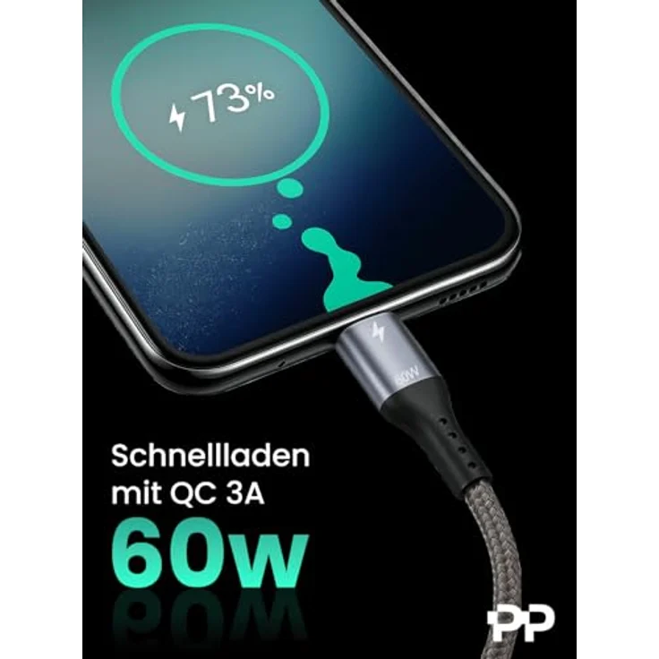 PROFIPATCH ProfiPatch USB A auf USB C Kabel, 60W Schnellladekabel mit QC 3A, 2m, grau, Goldkontakt, für Notebooks und Handys – Bild 2