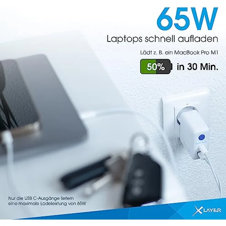 XLayer Power Saver 65W USB C Ladegerät PD Netzteil Knopfdruck Schnellladegerät mit Strom-Stopp-Funktion GAN Technologie Fast Charger Adapter MacBook/Pro/Air, iPhone, iPad, Galaxy, Huawei, Lenovo, Dell – Bild 3