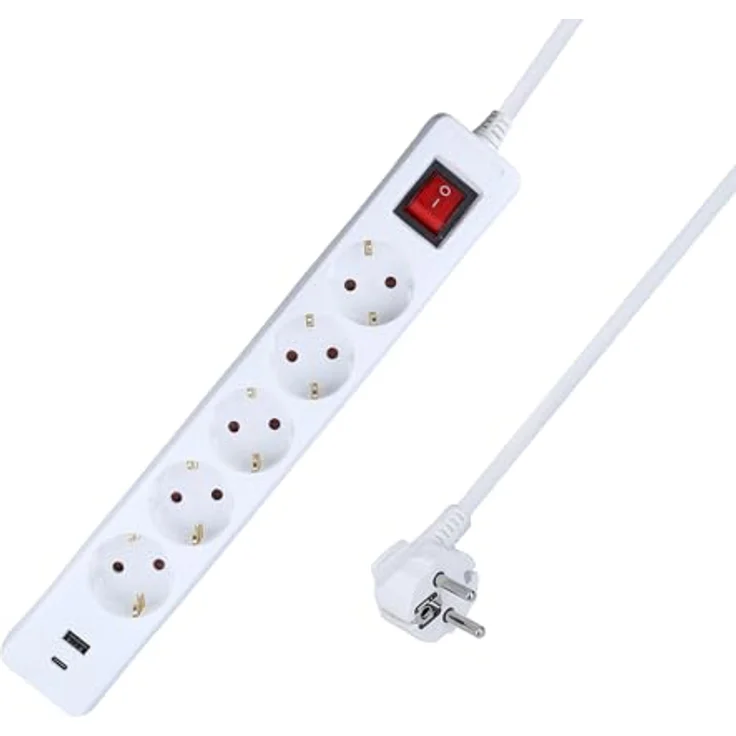 AS Schwabe 11376 Steckdosenleiste Weiß, Multifunktions-Steckdosenleiste mit 2 USB-Anschlüssen, Schutzkontakt, 45° gedrehte Steckdosen – Bild 1