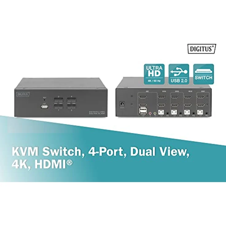 DIGITUS KVM-Switch HDMI – 4-Port Dual-Display – 4 PC 2 Monitore – 1x Maus, Tastatur & Audio für 4 Computer – UHD 4K@30Hz (3840 x 2160p) – Hot-Key KVM Umschalter – 1x USB 2.0 Hub – Schwarz – Bild 2
