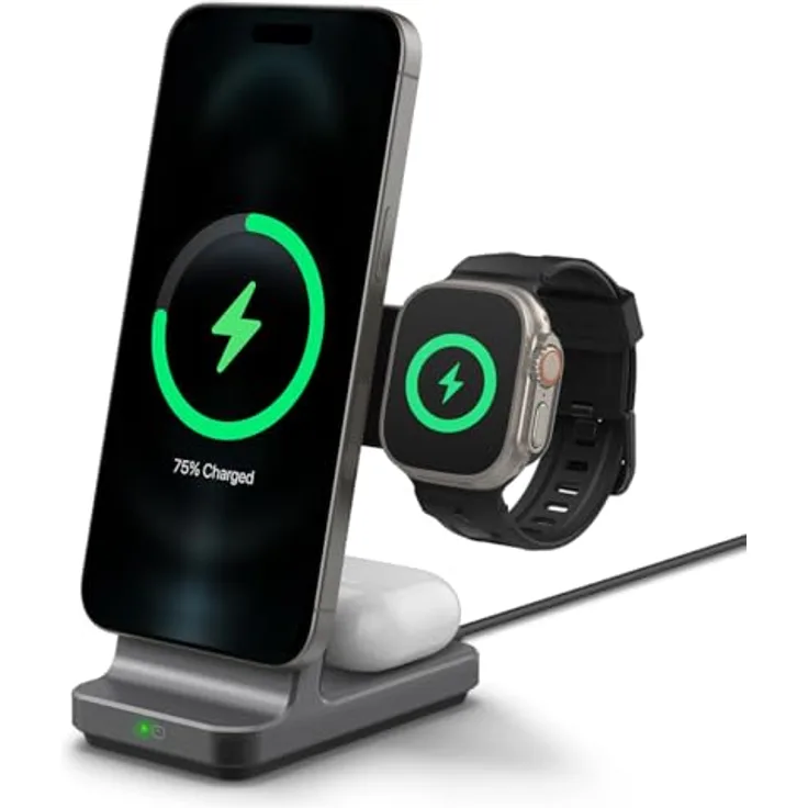 Spigen OneTap Pro 3 MagFit MagSafe Ladestation 3 in 1, 15W Kabelloses Magsafe Stand Ladegerät für iPhone 16/15/14/13/12, Apple Watch 2/3/4/5/6/7/8/9/10/SE/Ultra, AirPods 2 Pro/3/4