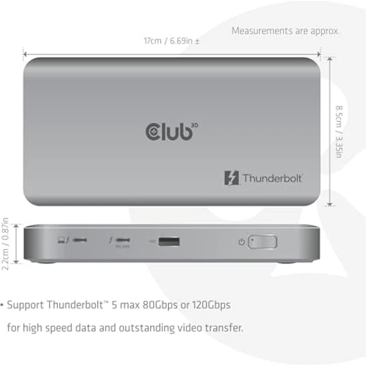 Club3D CSV-2563, Thunderbolt™ 5 Hub mit Triple Video 5K60Hz, zertifiziert, 180W, inklusive Thunderbolt Share – Bild 3