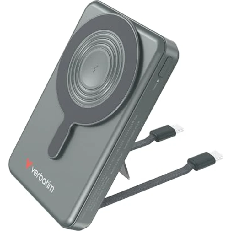 Verbatim Charge 'n' Go MagSafe Powerbank 10000mAh [GRAU], 15W kabelloses Laden, PD 22,5W Schnellladefunktion, klappbarer Standfuß für iPhone 17/16/15/14 Pro, inkl. 2 USB-C Kabel – Bild 1