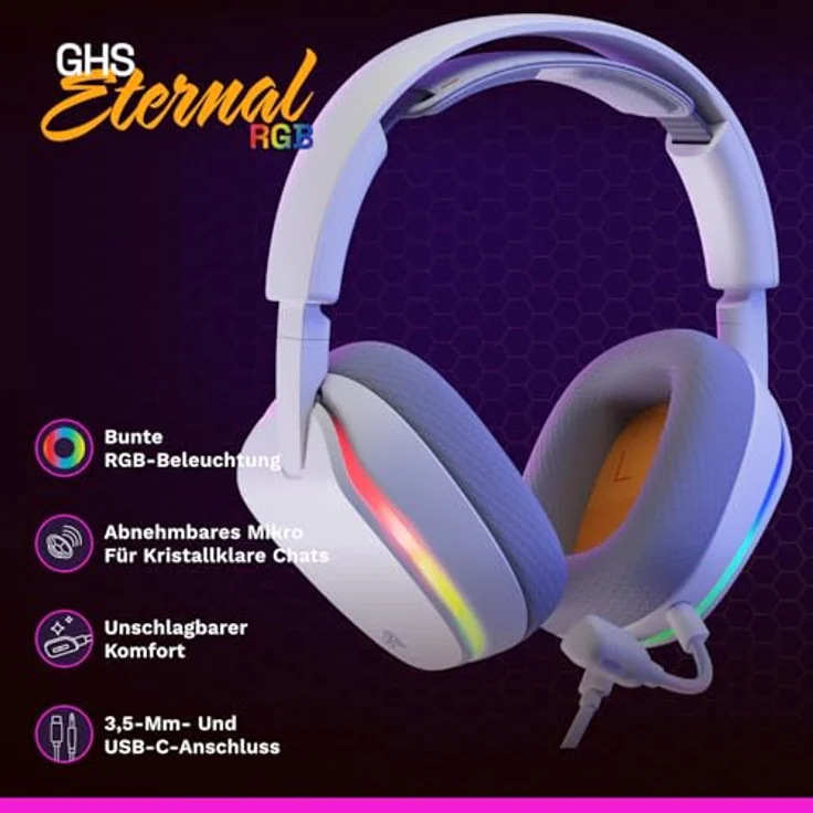 GLORIOUS GHS Eternal RGB, Stereo-RGB-Gaming-Headset für PC, PS5, PS4, Switch, abnehmbares Mikrofon, USB-C, langlebig, ganztägiger Weiß – Bild 2