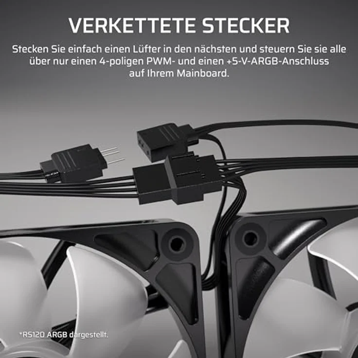 CORSAIR RS120-R ARGB Gehäuselüfter, 120-mm-PWM, 5 ARGB-Reverse-Lüfter, hoher statischer Druck, Zero-RPM-Modus, Daisy-Chain-Schaltung, schwarz, Dreierpack – Bild 6