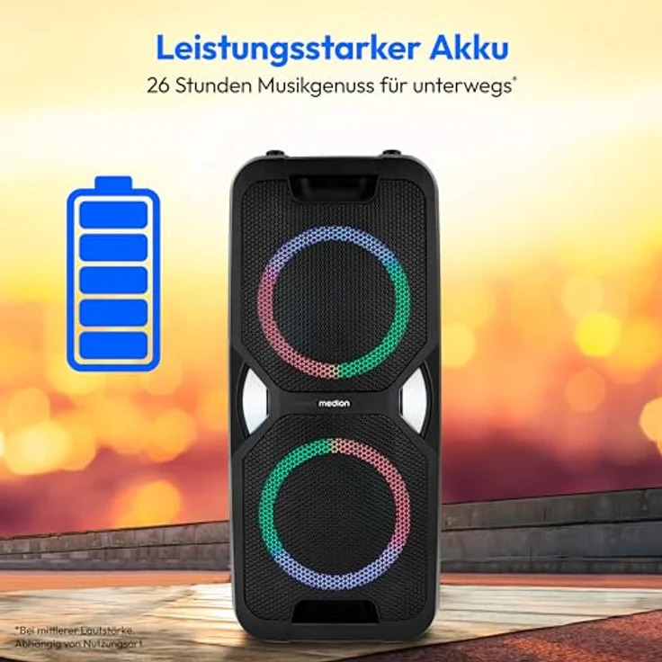 MEDION PE-1 Pure Partybox, tragbarer Bluetooth Lautsprecher mit Akku, Mikrofonanschluss, verschiedenen Lichteffekten, Karaoke und 26 Std. Musikwiedergabe – Bild 5