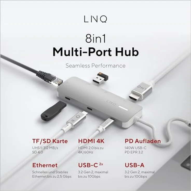 LINQ Connects 8-in-1 Pro-C Multiport-Hub mit 4K HDMI, Ethernet und Kartenleser - 10Gbps - Geeignet für Laptops und Tablets – Bild 2