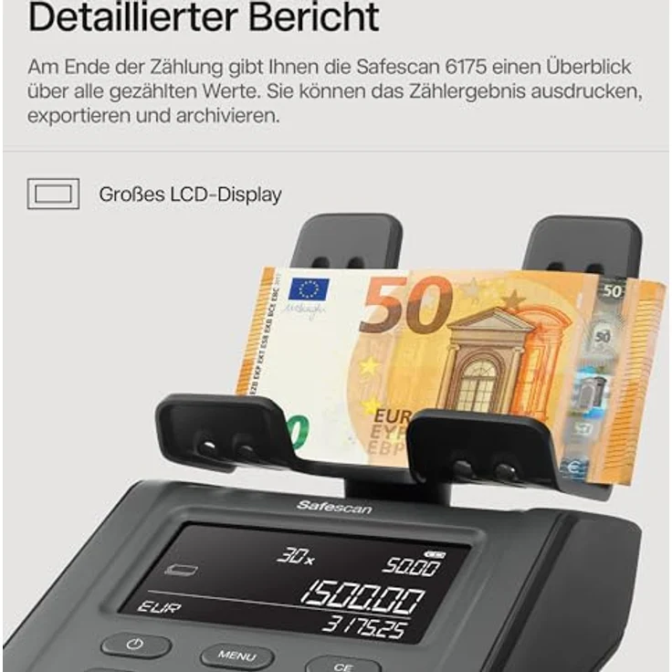 Safescan 6165 Geldzählmaschine, Wertzählung für Münzen und Banknoten, inklusive automatischer Münzrollenerkennung und individuellem Speichersystem für Zählergebnisse – Bild 5