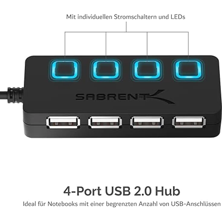 Sabrent USB HUB - 4-Port USB 2.0 Hub mit einzelnen Schalter und einzelnen LEDs (HB-UMLS) – Bild 2