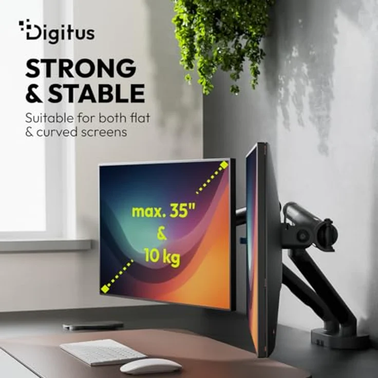 DIGITUS Dual Monitor Halterung, mechanische Feder für Flach- und Curved-Bildschirme bis 35 Zoll, 10 kg Traglast, VESA 75x75 & 100x100, Tischklemme, schwarz – Bild 4
