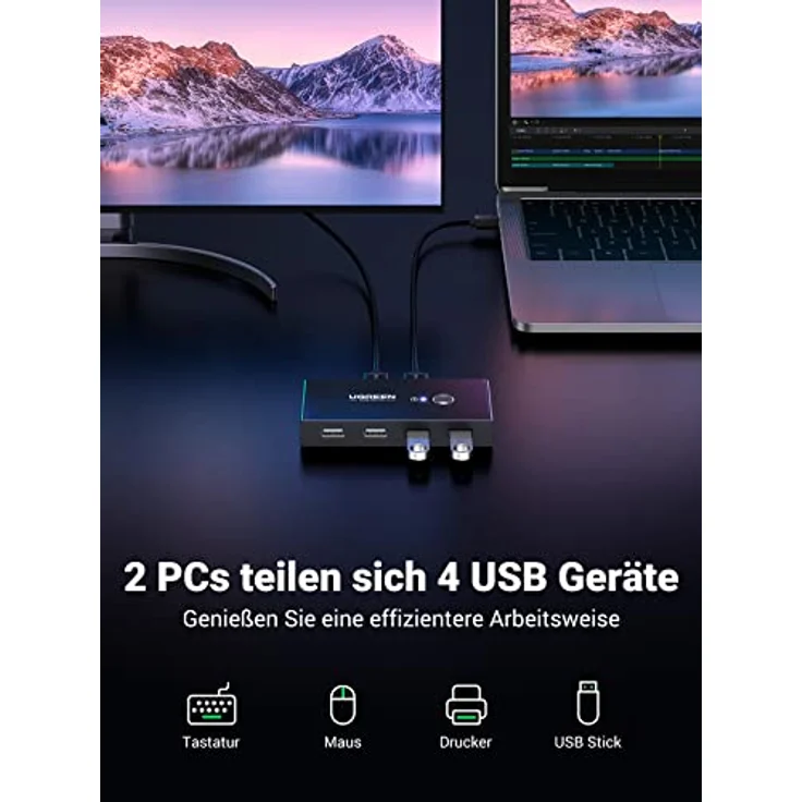 UGREEN USB Switch 2PC KVM USB Switch 2 In 4 Out für stabile Datenübertragung Umschalter mit 2 USB Kabel für Tastatur, Maus, Drucker, Scanner, USB Sticks, Externe Festplatte, Headsets usw. – Bild 2