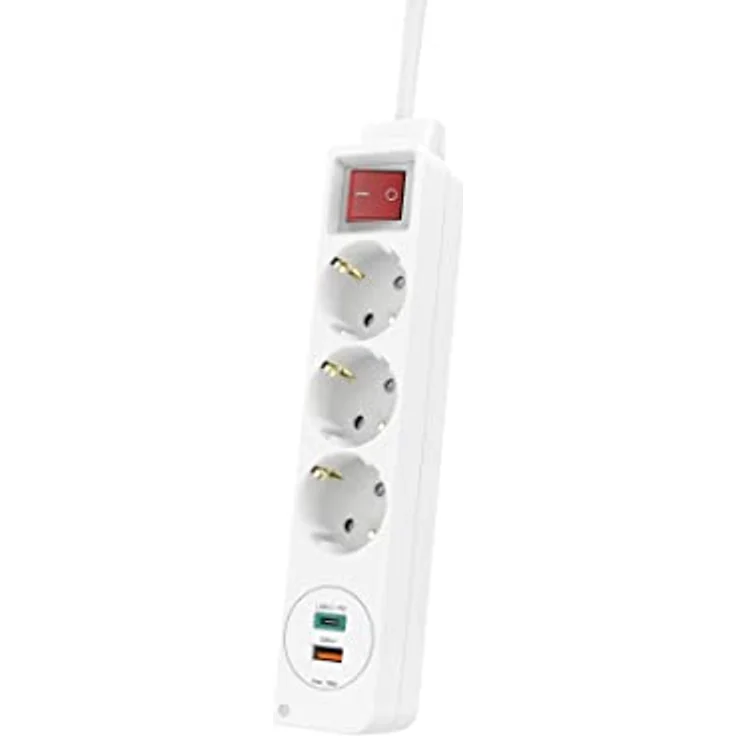 Hama Steckdosenleiste, 3-fach, mit USB-A und USB-C-Buchse (PD/Quick Charge, max. 18W, 5in1 Mehrfachsteckdose mit Schalter, Schutzkontaktstecker, Buchsen inkl. Berührungsschutz, 1,4m) weiß – Bild 1