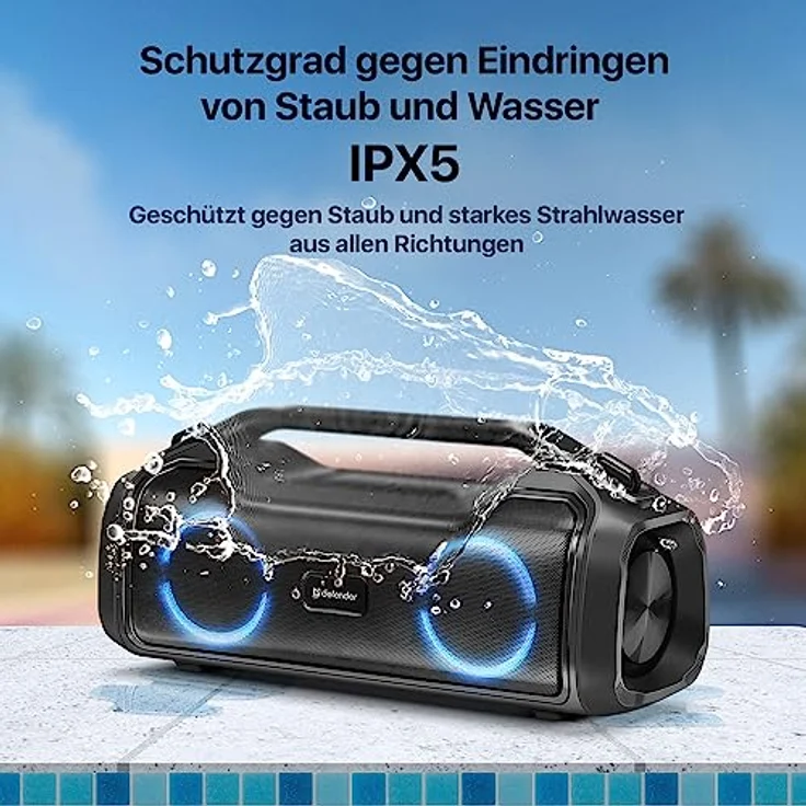 Defender Bluetooth-Lautsprecher Beatbox 50, IPX5 wasserdicht, Party Boombox 50 W mit Stereo-Sound, LED-Licht für drinnen und draußen, tragbare Hi-Fi Musikbox mit EQ und integrierter Powerbank, blau – Bild 4