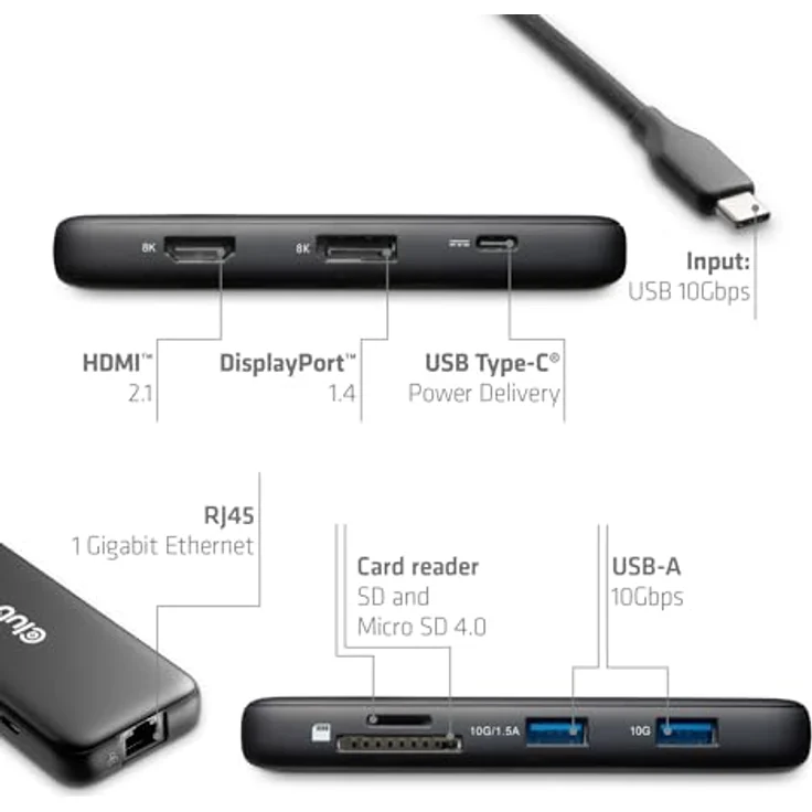 Club 3D 8-1 Portable Dock USB Type-C, 10 Gbps, HDMI und DisplayPort, 8K 30Hz, PD 100W, kompatibel mit Windows und MacOS – Bild 5