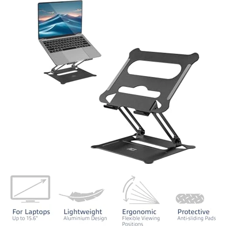 ACT Faltbarer Aluminium Laptop Ständer AC8140, höhenverstellbar für Laptops bis 15,6 Zoll, ergonomisch, leicht, schwarz – Bild 5