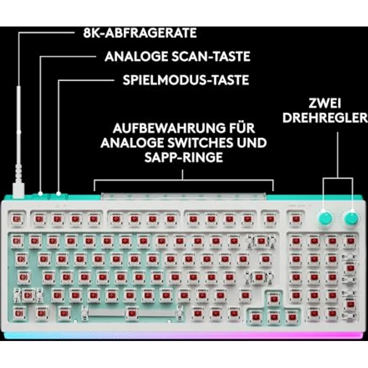 Logitech G G512 X 98 DUAL SWAP, Hot-Swappable TMR Analog/Mechanische Gaming-Tastatur, 8K-Abfragerate, LIGHTSYNC RGB, verkabelt, DEU QWERTZ - Weiß – Bild 4