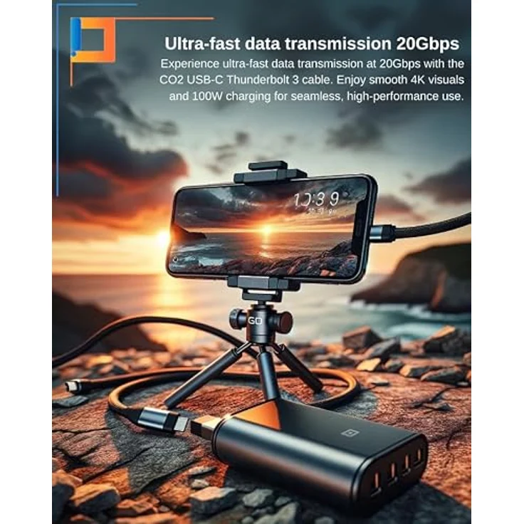 Co2 USB-C Thunderbolt 3.0 Kabel, 20 Gbit/s Datenübertragung, 4K/60Hz, 100W Schnellladung, Aluminium Space Grau, 3m, kompatibel mit iPhone, MacBook, iPad Pro – Bild 4