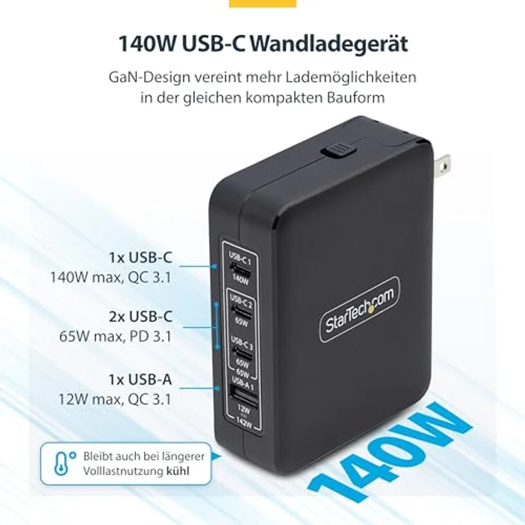 StarTech 3114GCU-WALL-CHARGER, USB-C Ladegerät mit 3 Anschlüssen, 140 W, 28 V, kompakt, Schwarz – Bild 3