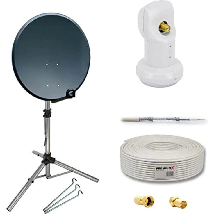 Premium X Camping Satelliten-Komplettanlage, 45cm Anthrazit Satellitenschüssel mit Single LNB, Dreibein-Stativ, 10m Kabel und 2x F-Stecker für HD/4K Empfang – Bild 1