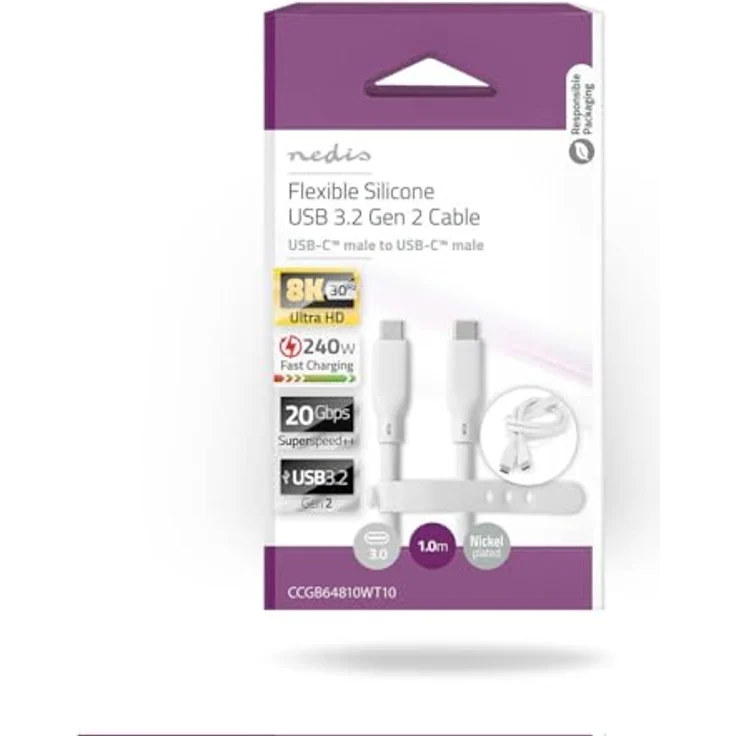 Nedis Silikon USB 3.2 Gen 2 Kabel C-C, 1 m, 20 Gb/s, 240 W, 8K@30 Hz, Weiß – Bild 6