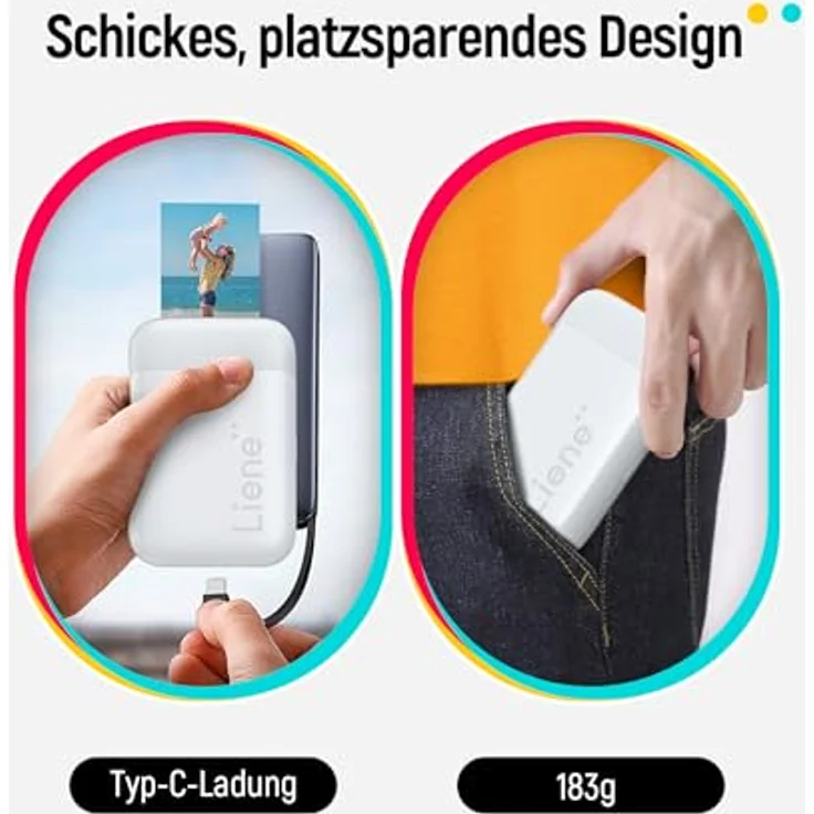 Liene 2x3'' Mini Fotodrucker Smartphone, Mini Tragbarer Sofortbilddrucker mit 5 Zink Klebepapier, Bluetooth 5.0, Kompatibel mit IOS & Android, Kleiner Handy Fotodrucker für iPhone - Weiß – Bild 3