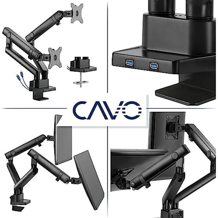 CAVO Motion Monitorhalterung mit 2 USB Anschlüsse für 2 Monitore 17-32 Zoll bis je 9 kg 2-armig Bildschirm drehbar, schwenkbar, neigbar Bildschirmhalterung – Bild 2