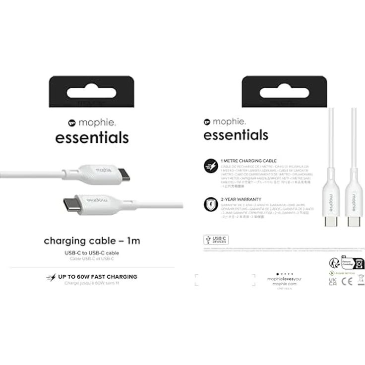 ZAGG mophie Essentials USB-C auf USB-C Schnellladekabel, 60W, 1m, langlebig, strapazierfähig, weiß – Bild 5