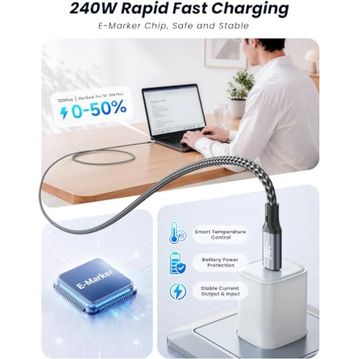 RAVIAD 40Gbps USB C Kabel, 2M, 240W Schnellladekabel, Thunderbolt 4, für 8K UHD Video und ultraschnelle Datenübertragung – Bild 4