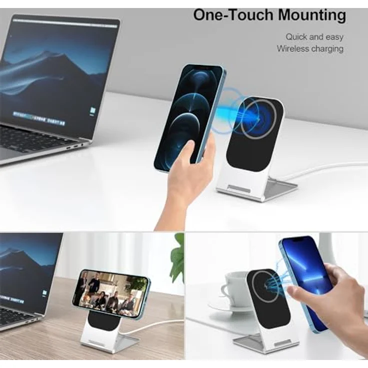 Energizer Mag Safe Kabelloses Ladegerät, 15 W, Aluminium, ultraschnelles kabelloses Induktionsladen, Akkuschutz, Station, Handyhalterung - Android iPhone Google Pixel, Silber – Bild 3