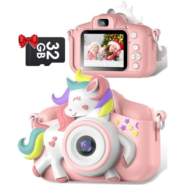 Gofunly Kinderkamera 1080P, Digitalkamera mit 2,0-Zoll-Bildschirm und 32GB-Karte für Kinder, rosa-weißes Pferd, ideal als Geburtstags- und Weihnachtsgeschenk