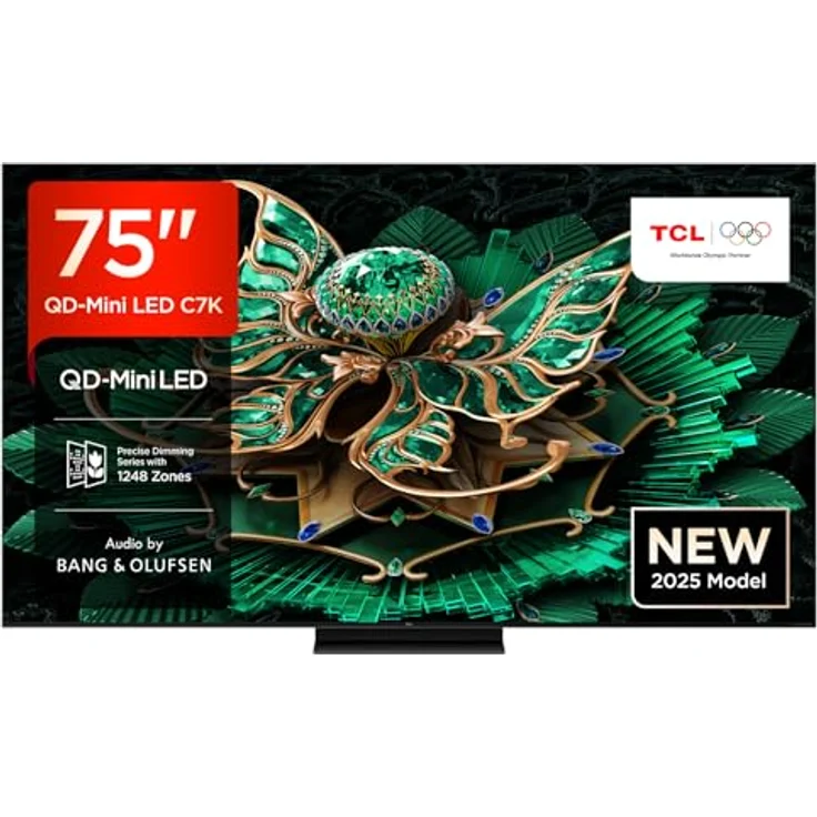 TCL 75C7K 75 Zoll QD-Mini LED Fernseher, 4K HDR Premium 3000, Smart Google TV mit 144Hz Motion Clarity Pro, Dolby Vision IQ & Atmos, CrystGlow HVA Panel, Audio von Bang & Olufsen, Game Master – Bild 1