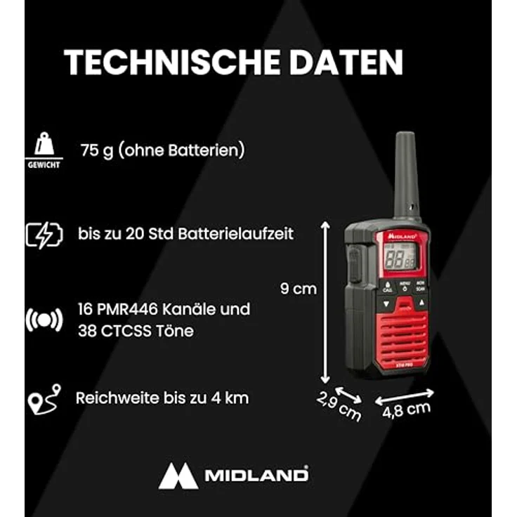 MIDLAND Walkie Talkie XT10 Pro, 16 PMR446-Kanäle, spritzwassergeschützt, Schwarz/Rot - 2er Pack – Bild 6