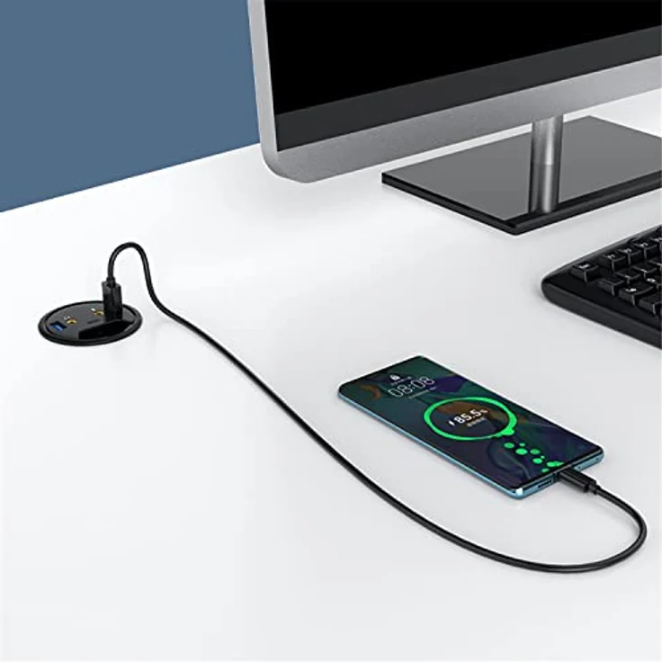GRAUGEAR | USB 3.0 Tisch-HUB | 3 Ports | 1x USB-C | 2X USB-A | Audio I/O | Einbau in 60mm Schreibtischloch | Kabellänge 150cm | Staubschutzabdeckung | 5Gbit/s | G-THUB-AU-60 – Bild 4
