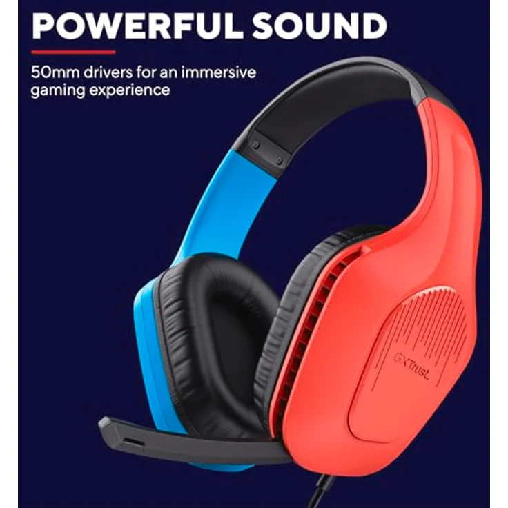 Trust Gaming GXT 416S Zirox Leichtes Gaming Headset für Nintendo Switch, Blau/Rot, 50-mm-Treiber, 1,2 m Kabel, Hochklappbares Mikrofon, Over-Ear Kopfhörer mit Kabel – Bild 5