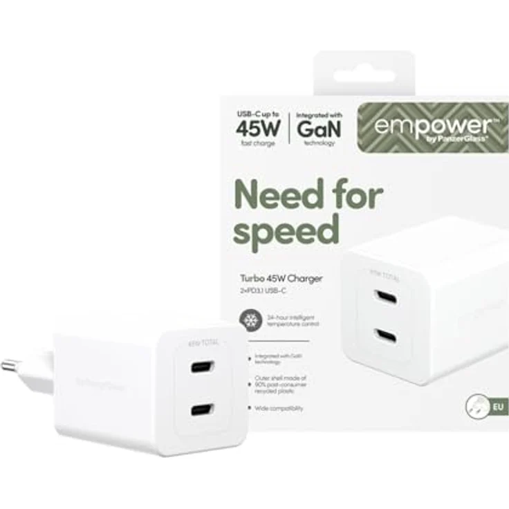 PanzerGlass Turbo 45W Dual Charger, USB Ladegerät mit 2 x USB-C EU Anschluss, Silber, 75% recycelter Kunststoff – Bild 3