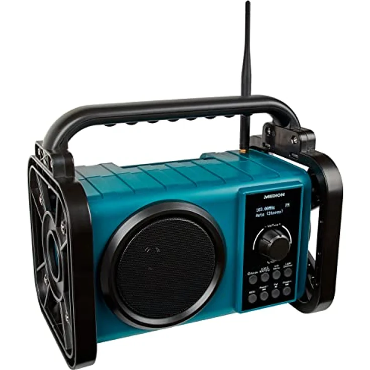 MEDION E66877 DAB+ Baustellenradio (Robustes Gehäuse, Spritzwassergeschützt (IP44), Bluetooth 5.0, PLL UKW Radio, LED-Arbeitslicht, Akku- und Netzbetrieb) blau – Bild 1