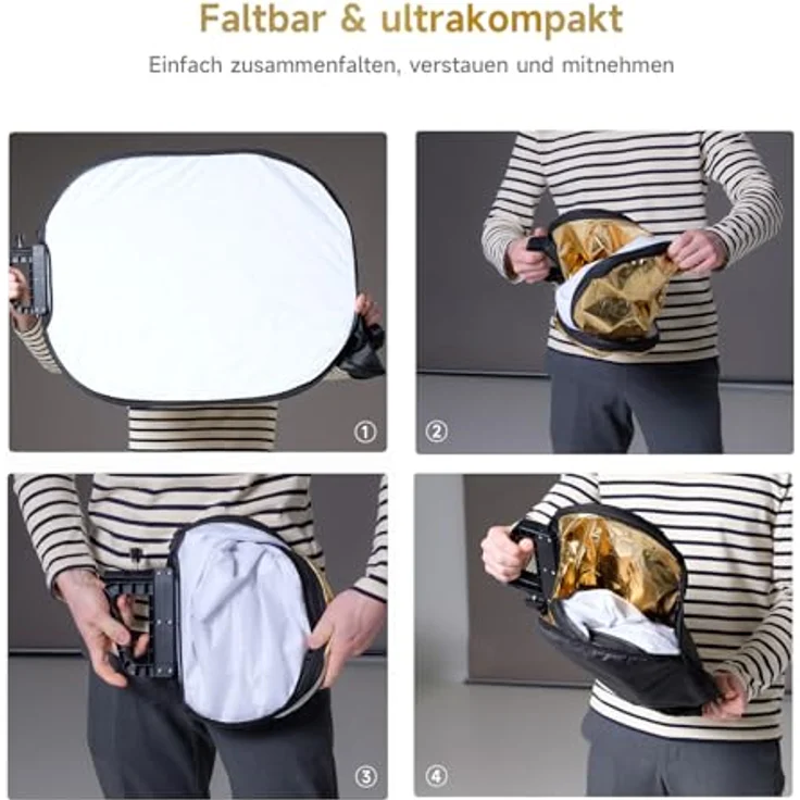 Rollei 5in1 Faltreflektor Comfort Pro 60x75 cm, Aluminium-Konstruktion mit Haltegriff für vielseitige Lichtsteuerung – Bild 5