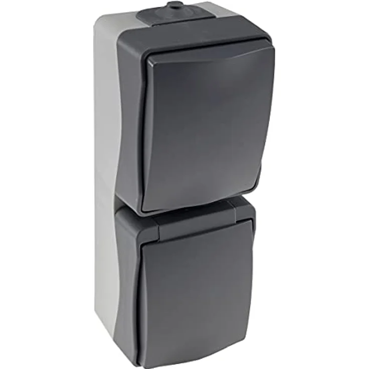 ChiliTec Nuqui Feuchtraum Steckdose Aufputz, Doppelsteckdose IP54 mit Schalter und Klappdeckel, wetterbeständig, vertikal, Grau Anthrazit, 250V – Bild 2