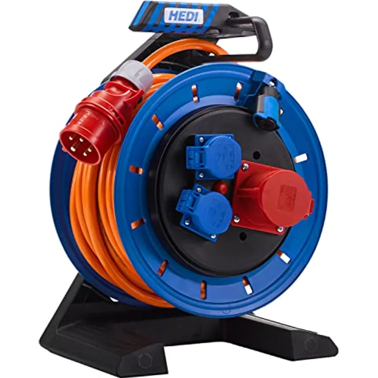HEDI Drehstrom Kabeltrommel Generation 7 (ø 290 mm, 25 m Panzerkabel PLUS, CEE-Anschlussstecker 2x Schutzkontakt-Steckdosen / 1x spritzwassergeschützte CEE-Steckdose) in Orange