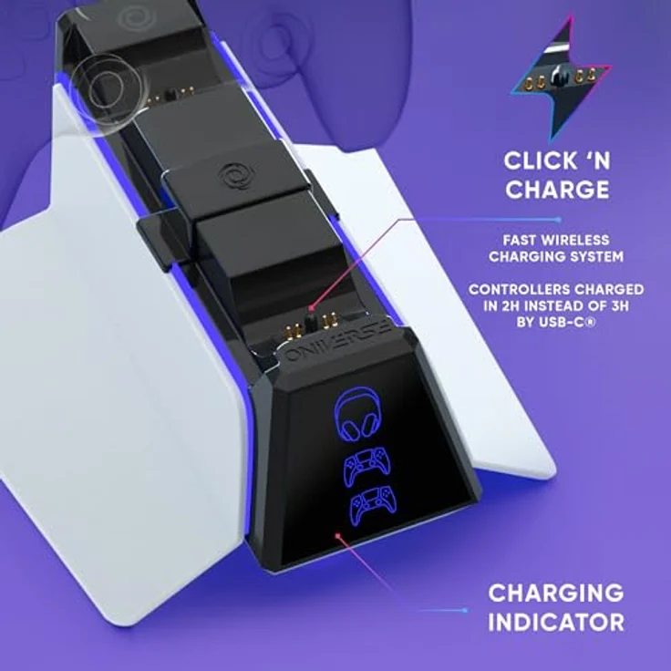 Oniverse X3 Ladegerät für PS5-Controller, Schnellladestation mit abnehmbarer Kopfhörerhalterung, kompatibel mit DualSense, 2 Stunden Ladezeit, LED-Indikatoren – Bild 3